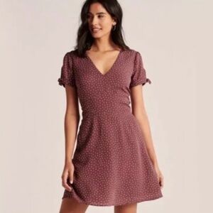 Abercrombie & Fitch Polka Dot Smocked Back Mauve Tie Sleeve Dress